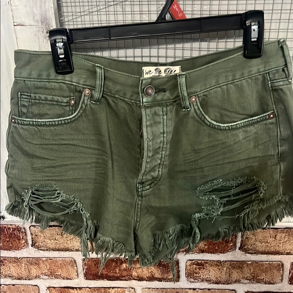 We The Free Army Green Distressed Jean Shorts